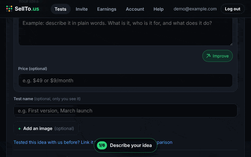 How a SellTo.us test works, recorded in the dashboard: describing the idea, adding versions A, B and C with prices, choosing the audience and the 10,000-participant size, the test running, the report with the winning version, results per audience group and objections, and the PDF report.